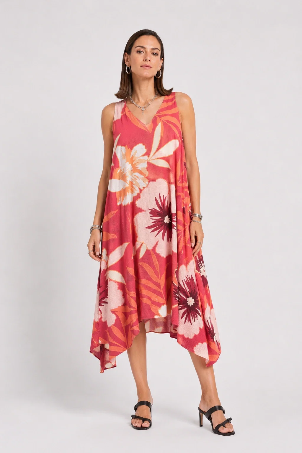 Rochie midi din vascoza cu imprimeu floral si croi asimetric caramizie