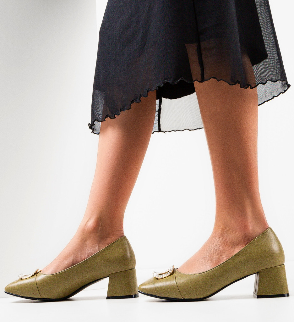 Pantofi Strickl Khaki cu toc elegant - imagine 3
