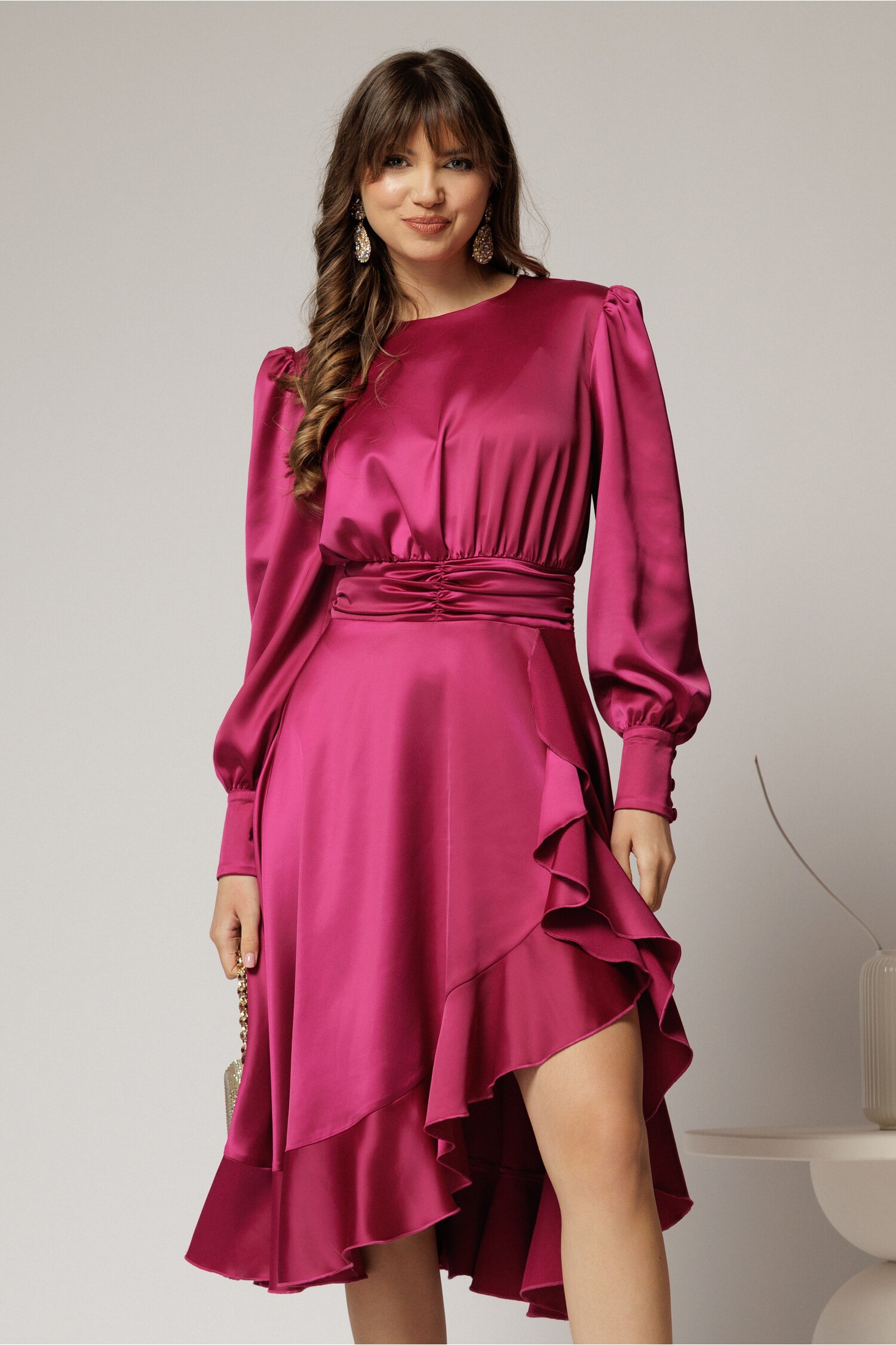 Rochie DY Fashion Magenta Satin Croi Asimetric