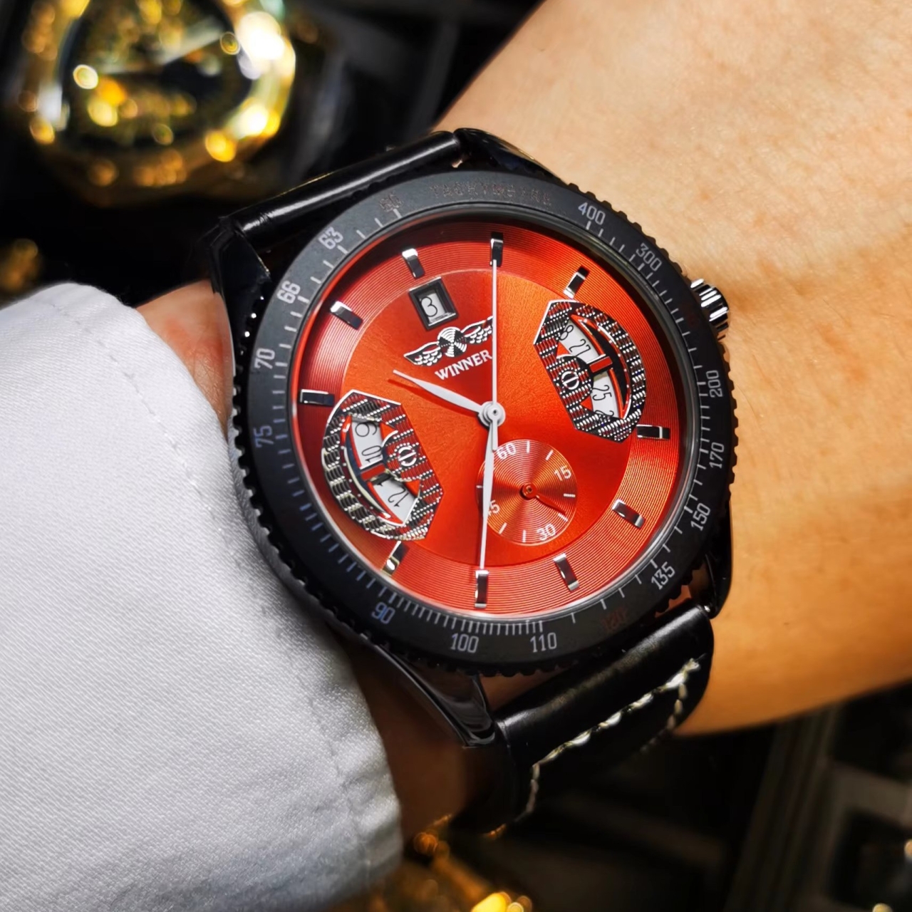 Ceas Barbatesc Winner Automatic, Cadran Rosu, Piele - imagine 2