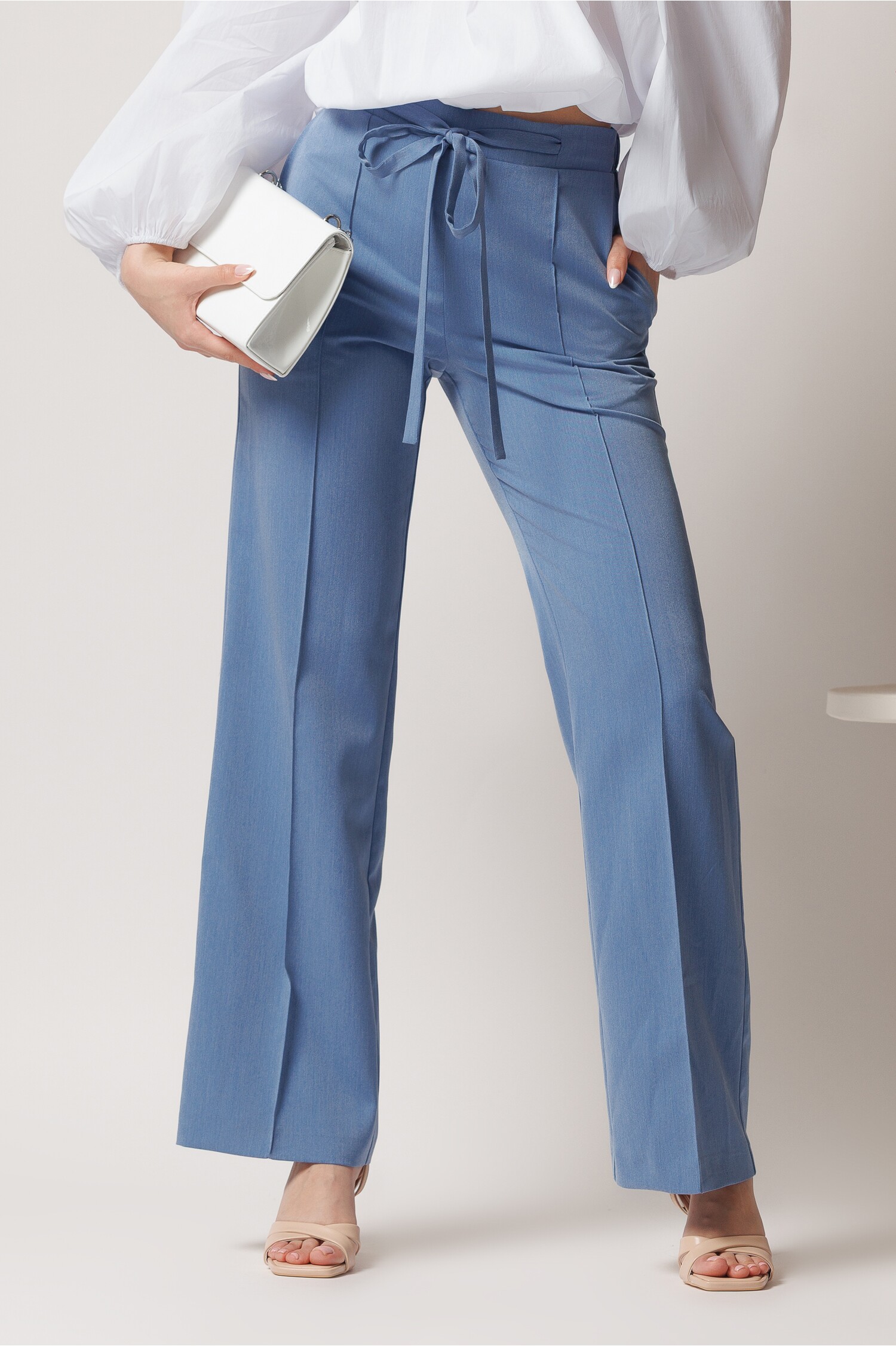 Pantaloni DY Fashion Office Bleu cu Snur Talie