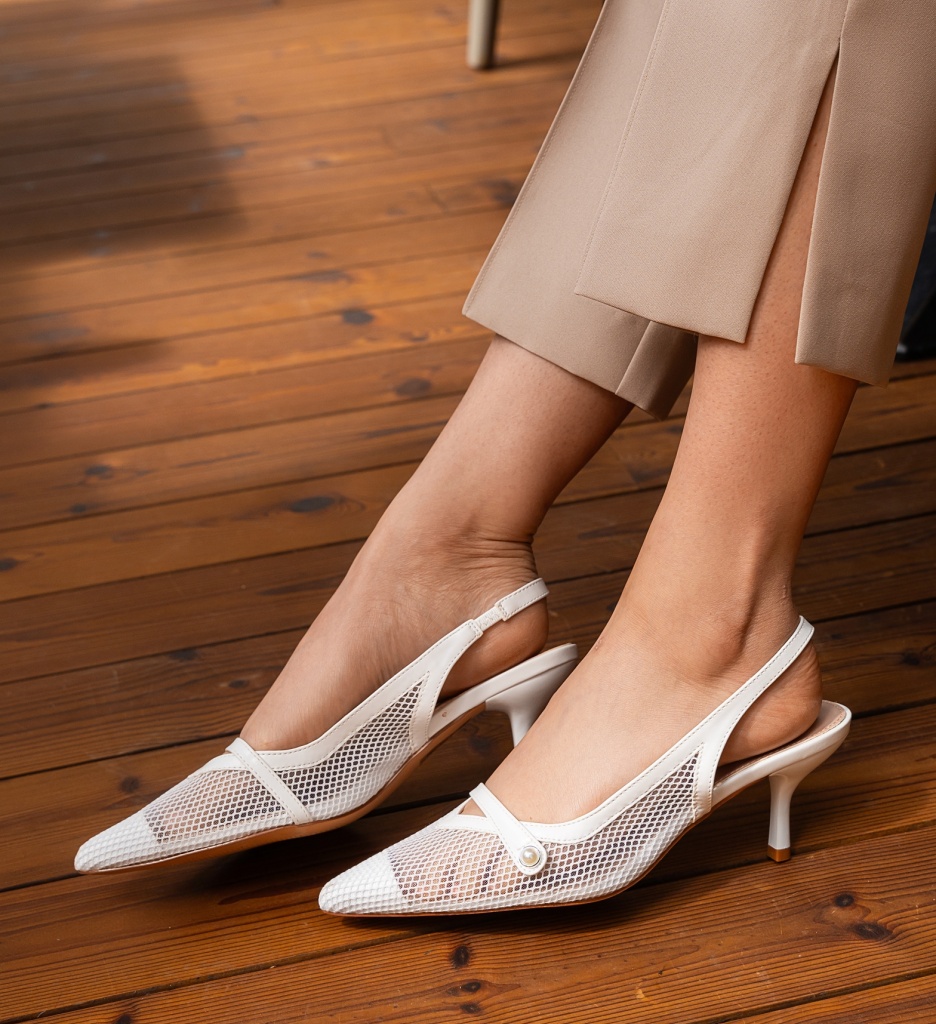 Pantofi Callie Albi Eleganți cu Toc - imagine 6