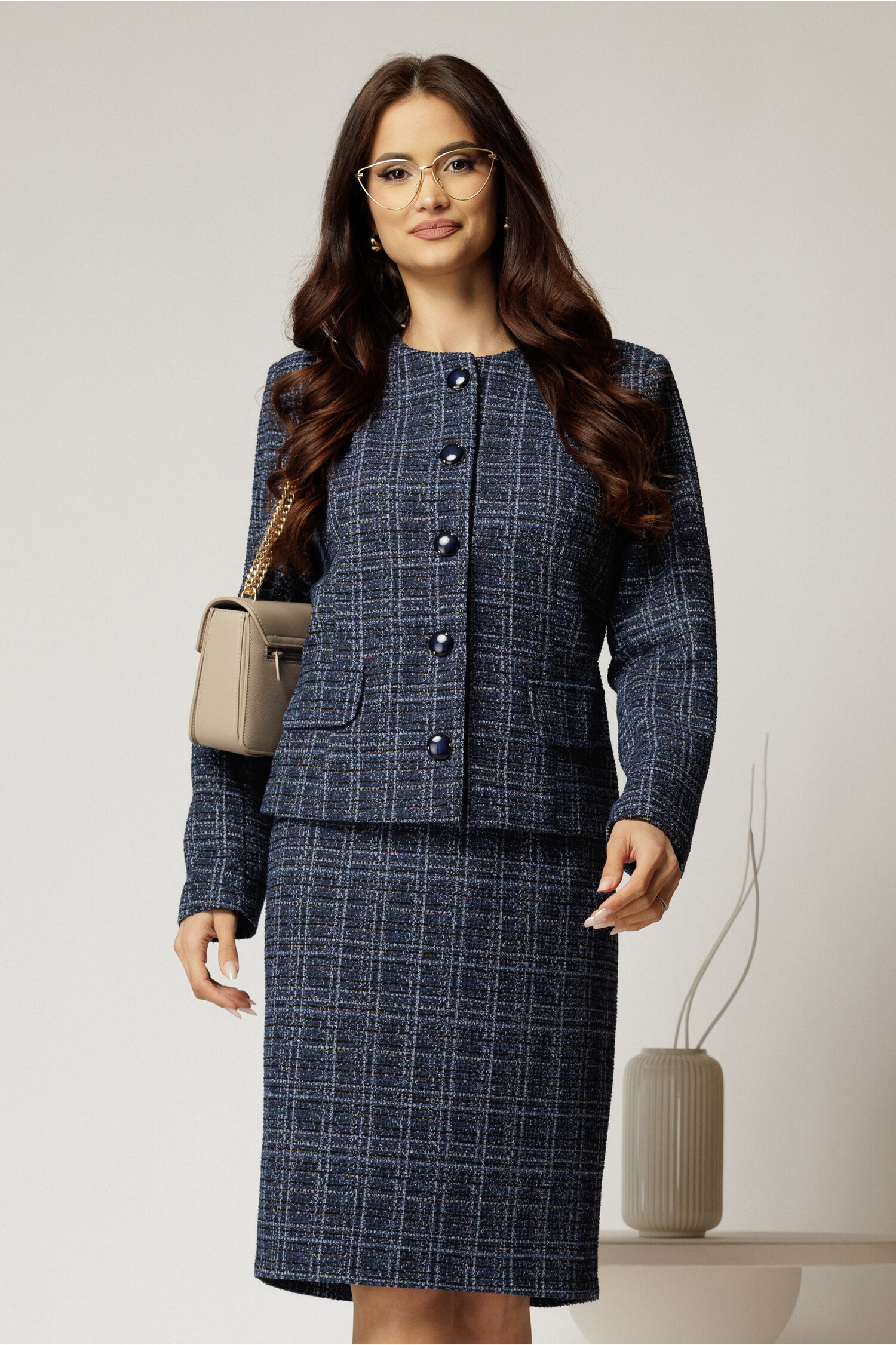 Compleu Dama Bleumarin cu Lurex | Sacou si Fusta Elegant