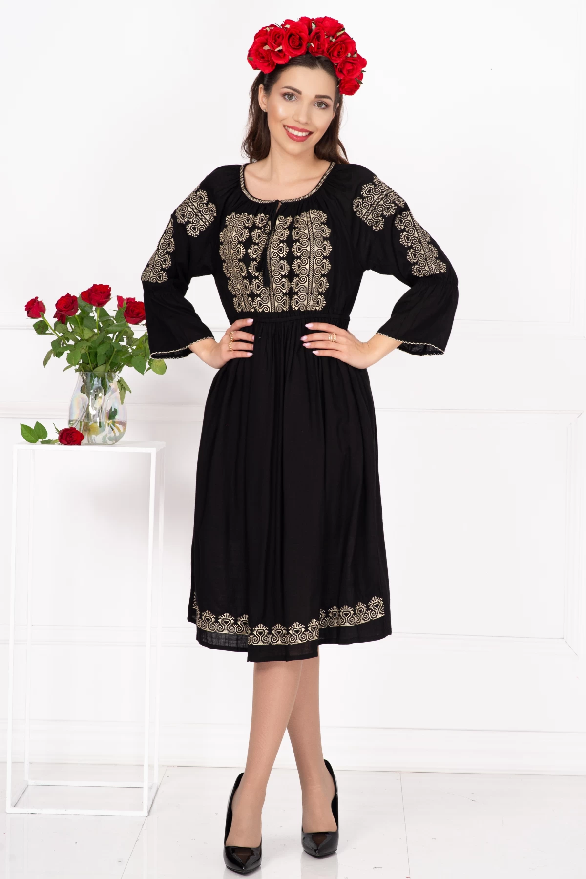 Rochie Traditional Eugenia Broderie Bej | Eleganță