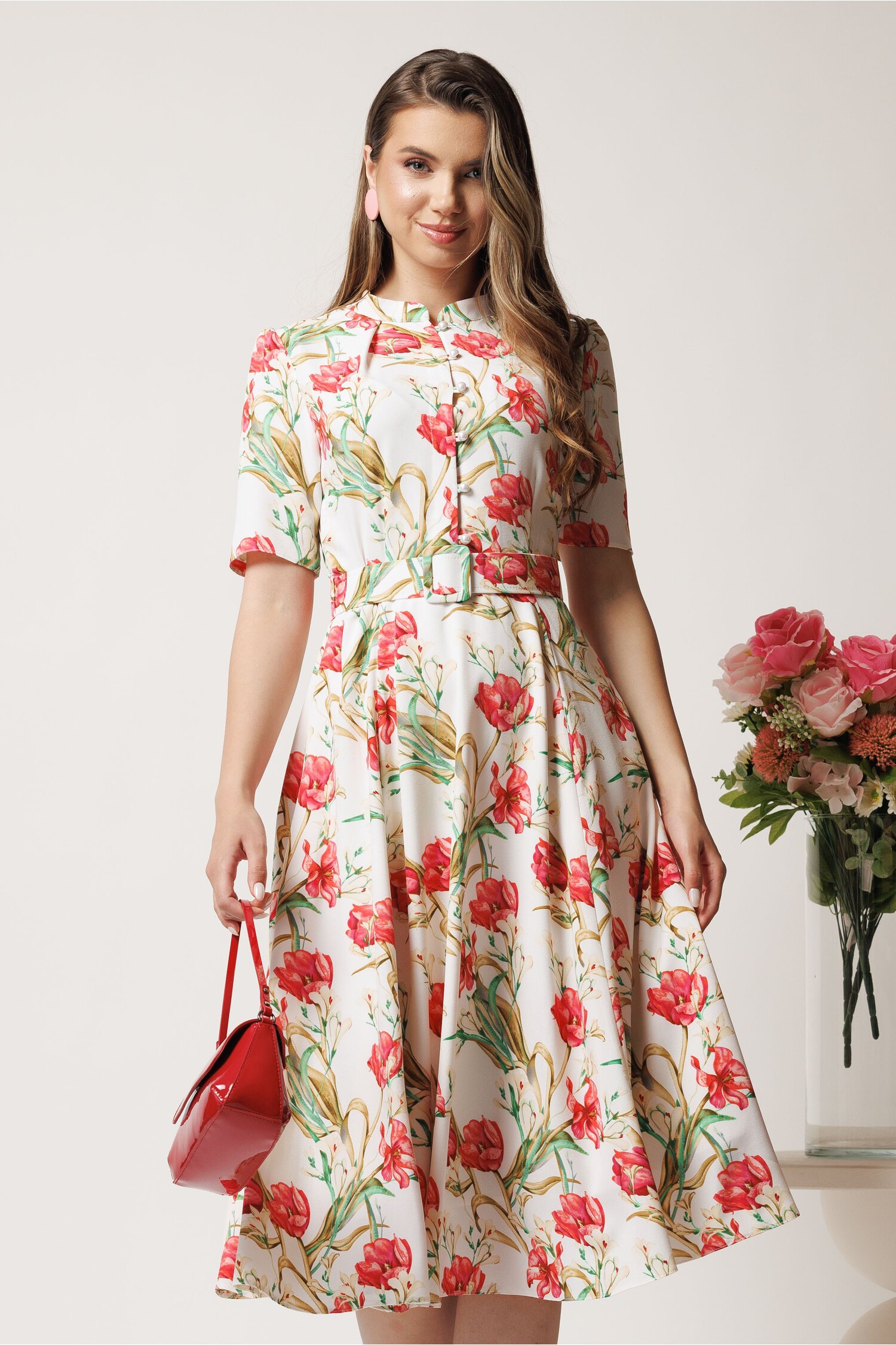 Rochie DY Fashion Midi Clos cu Flori și Curea