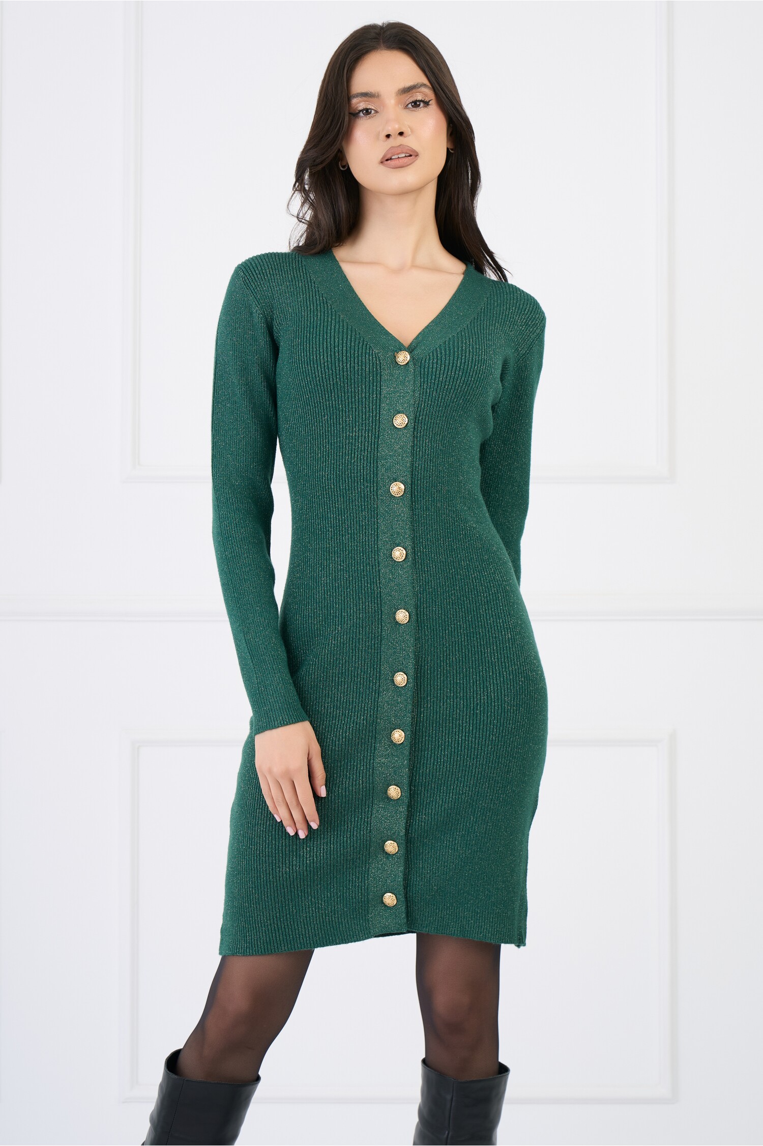Rochie Casual din Tricot Verde cu Lurex