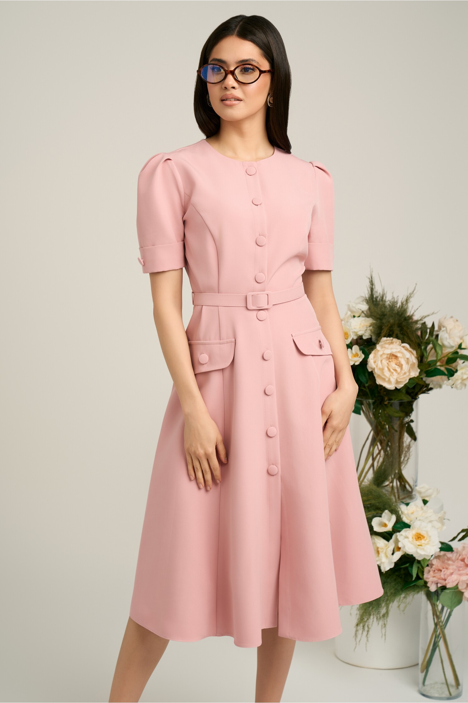 Rochie Dy Fashion roz cu curea si nasturi | Eleganta
