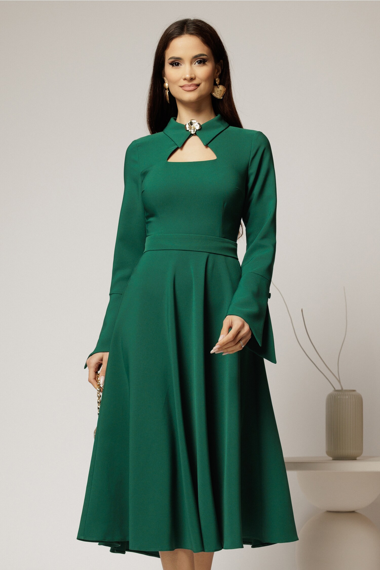 Rochie Midi Verde cu Guler Tip Cămașă