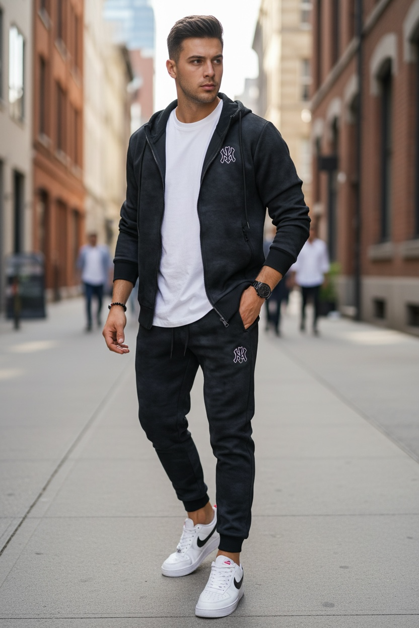 Trening Barbati Slim Fit Negru, Hanorac + Pantaloni Premium