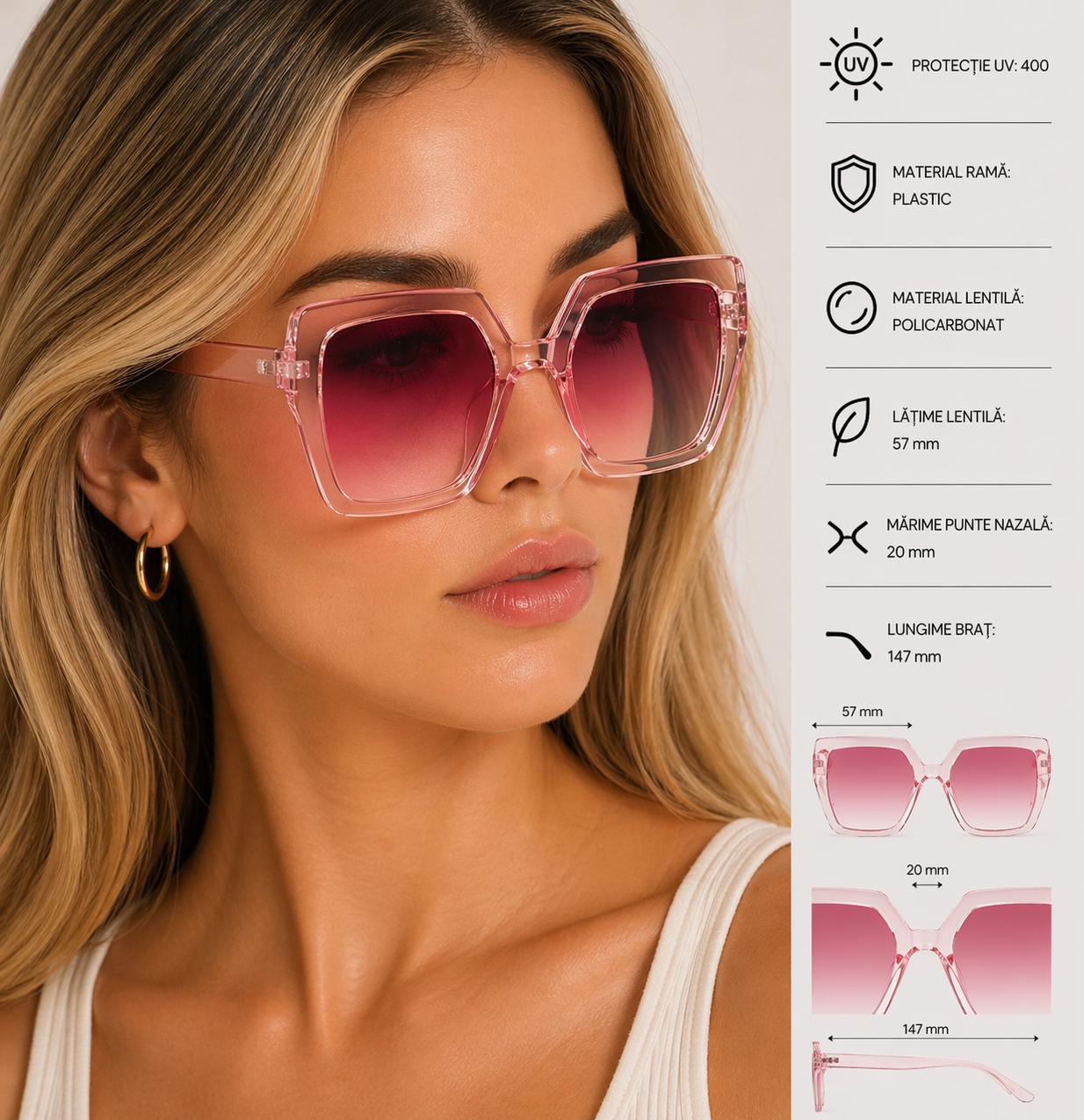 Ochelari Soare Picadili Roz Protecție UV400 - imagine 3