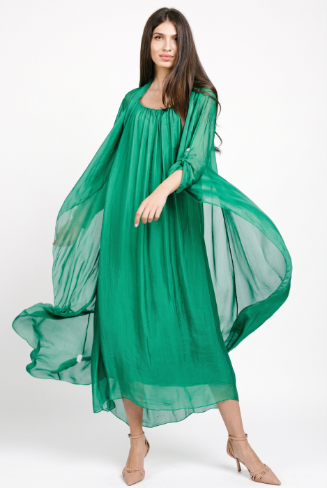 Compleu cu rochie si blazer din matase si vascoza, verde smarald