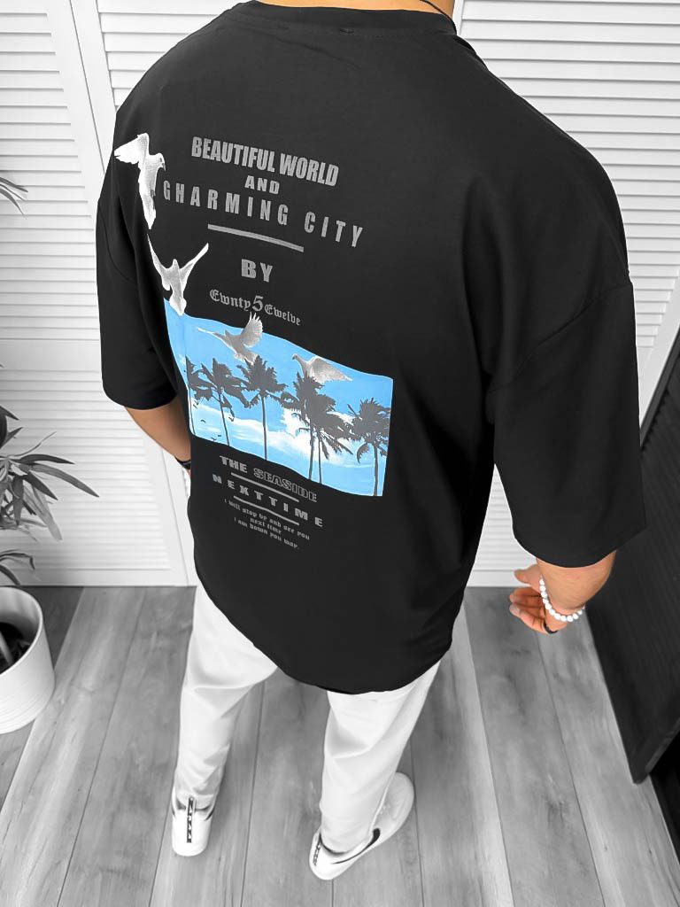 Tricou Barbati Negru Oversize cu Imprimeu