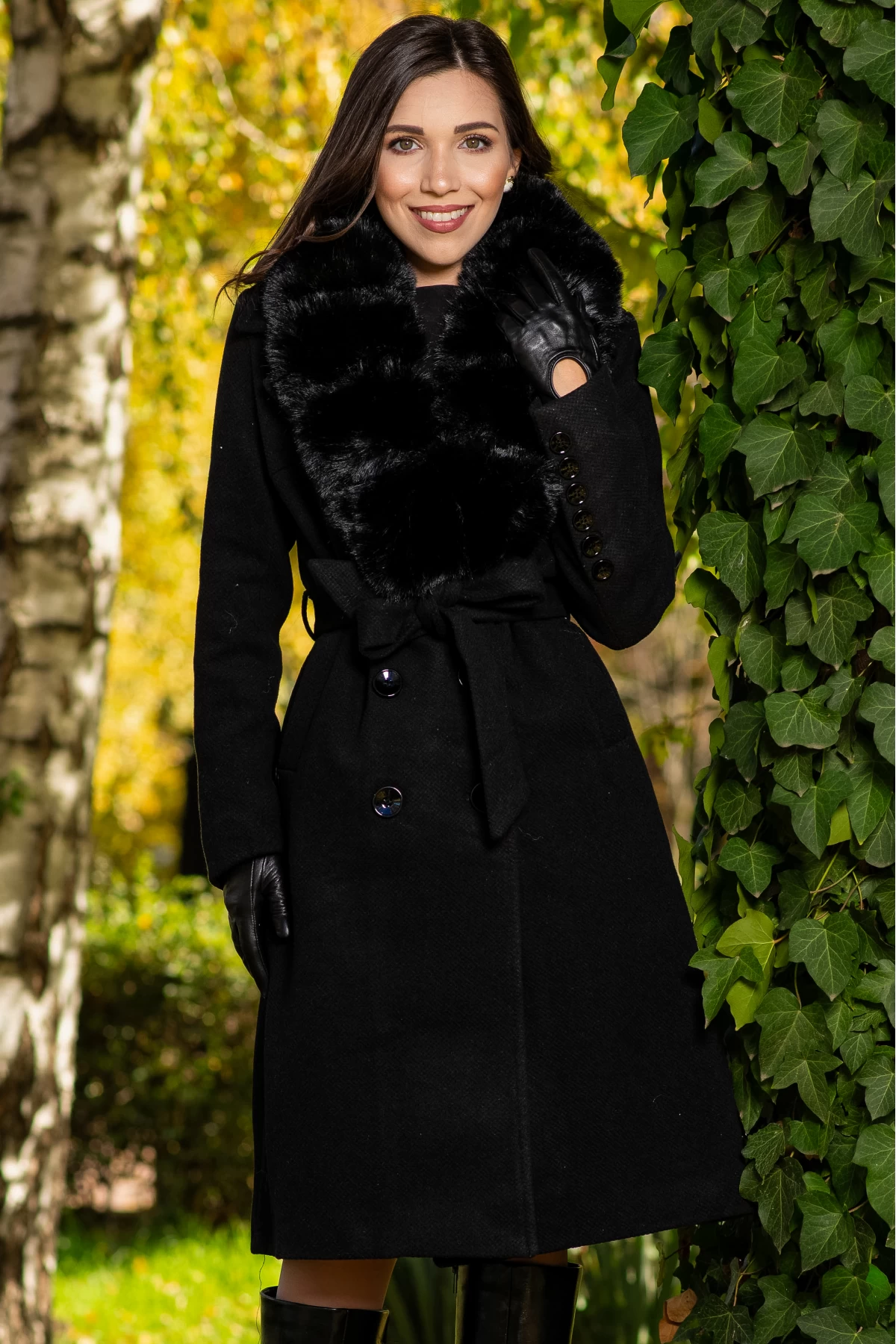 Palton Flavia negru elegant cu blana detasabilă