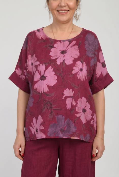 Bluza din in cu imprimeu floral pastelat si croi relaxat, bordo