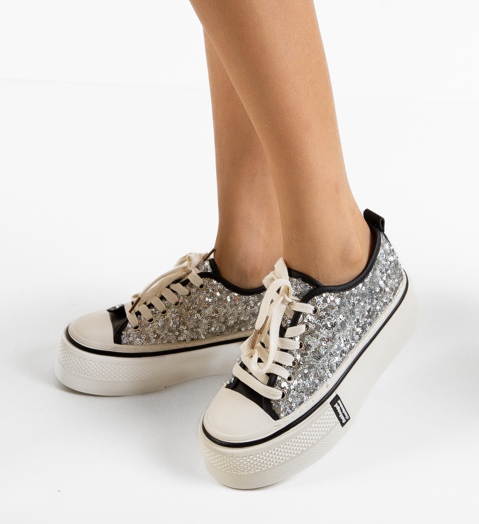 Sneakers Dama Argintii cu Paiete - imagine 4