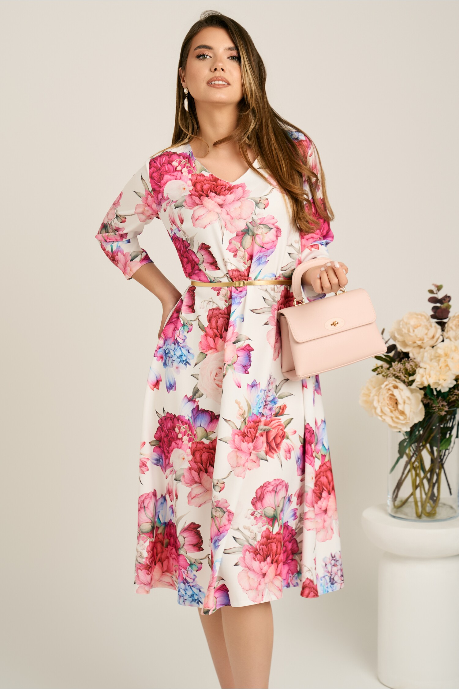 Rochie Midi Eleganta cu Flori Fucsia