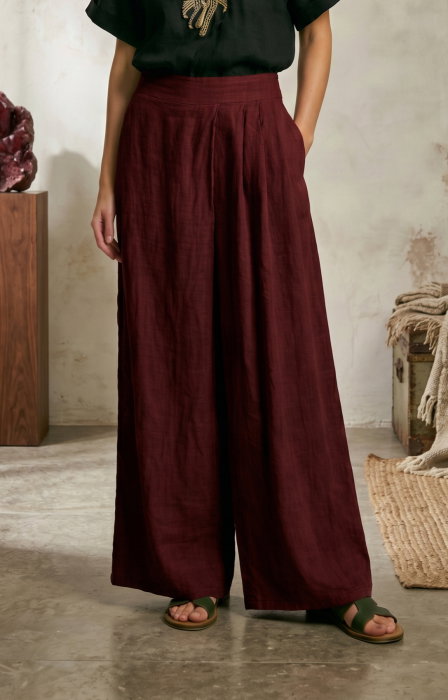 Pantaloni de vara din in cu croiala ampla si pliuri in talie, bordo