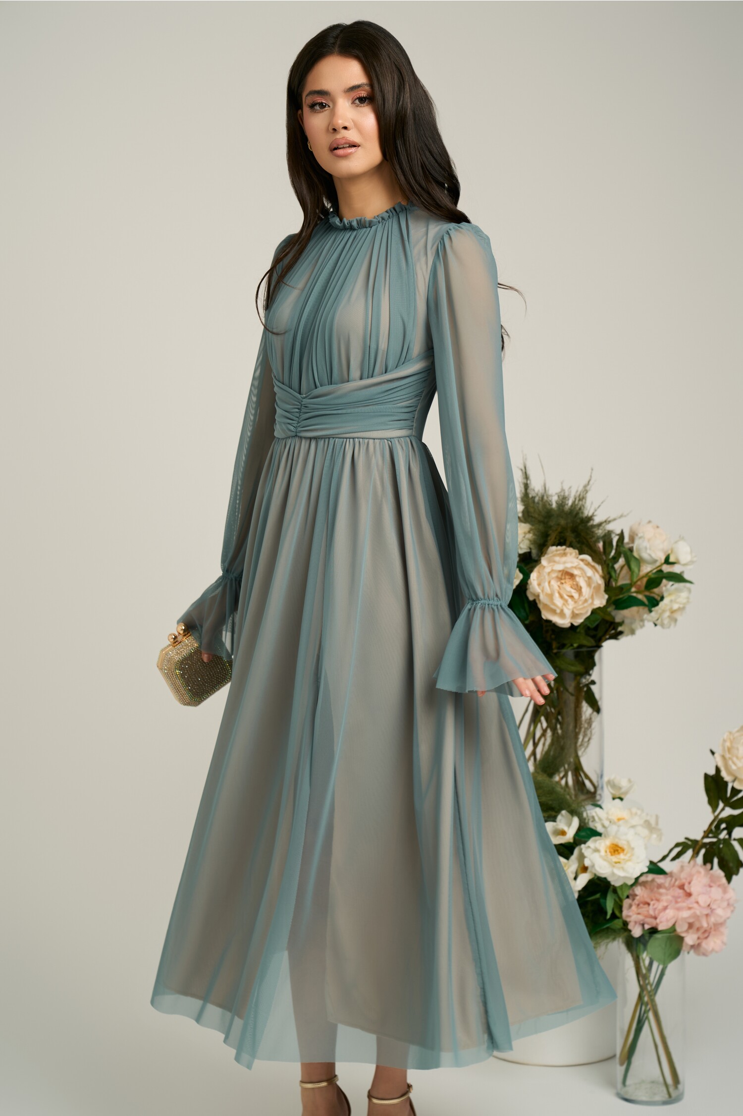 Rochie gri tull fin Dy Fashion ocazie midi