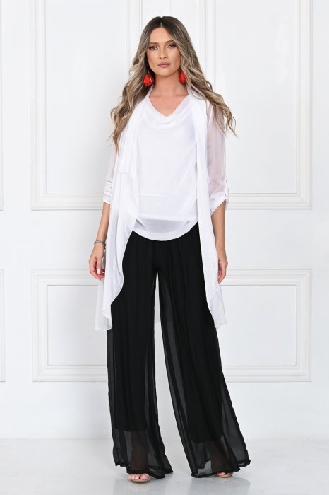 Blazer dama midi din matase tip kimono, croi fluid pentru layering, alb