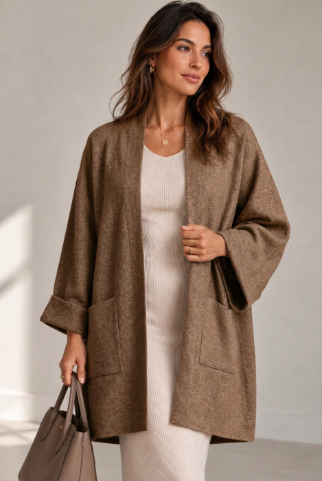 Cardigan lung oversize din vascoza, cu buzunare aplicate si croi amplu, camel