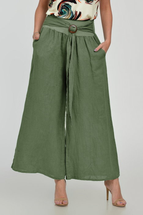 Pantaloni drepi, largi, de vara, din in, cu accesoriu de lemn, kaki