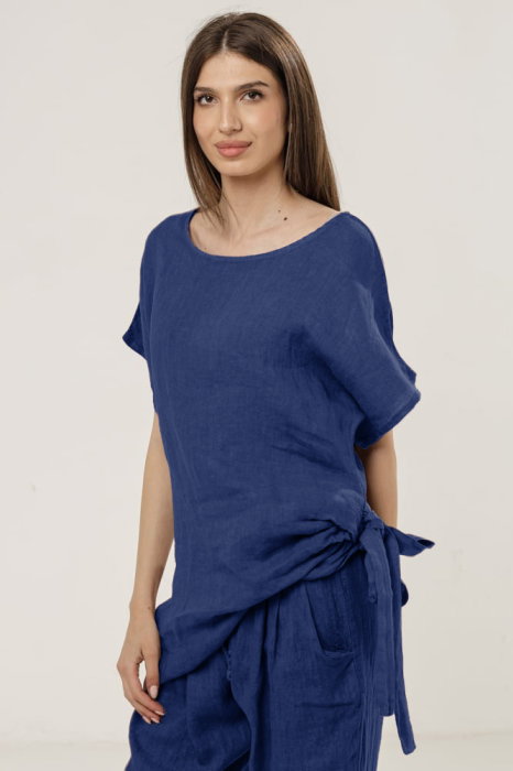 Bluza lunga din in cu colt si funda, albastru