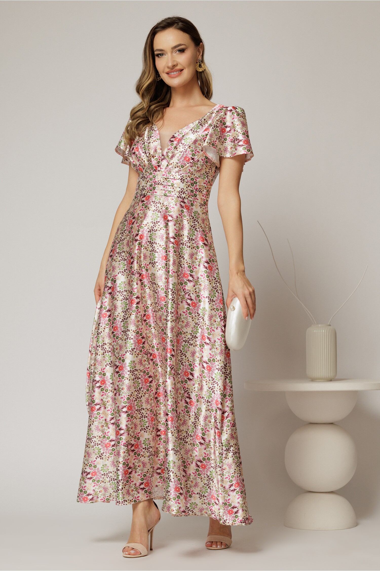 Rochie Satin Ocazie Imprimeuri Roz Elegantă