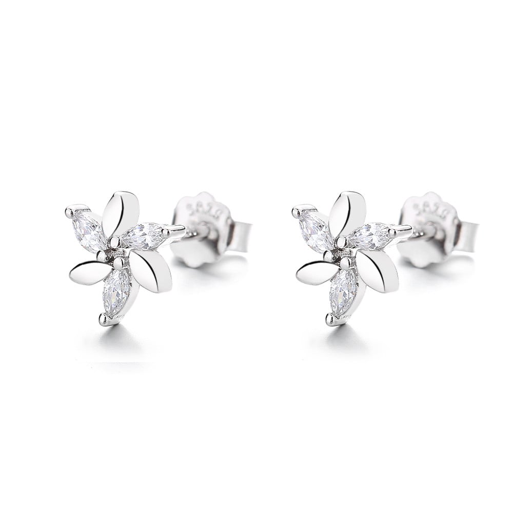 Cercei argint 925 floare cu zirconiu, placati cu rodiu
