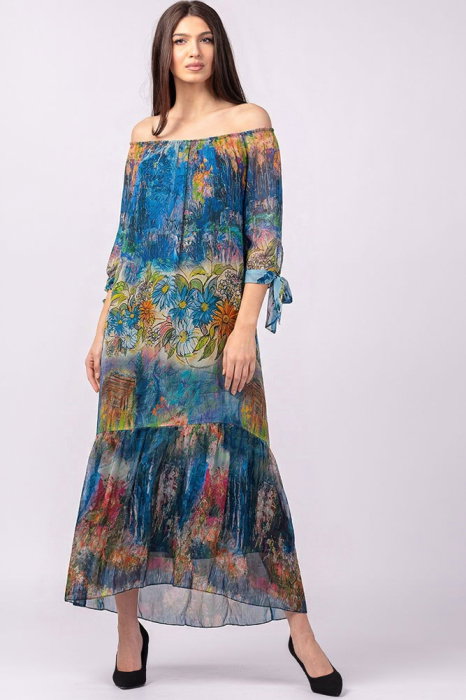 Rochie lungă mătase & viscoză, imprimeu pictural Shopika