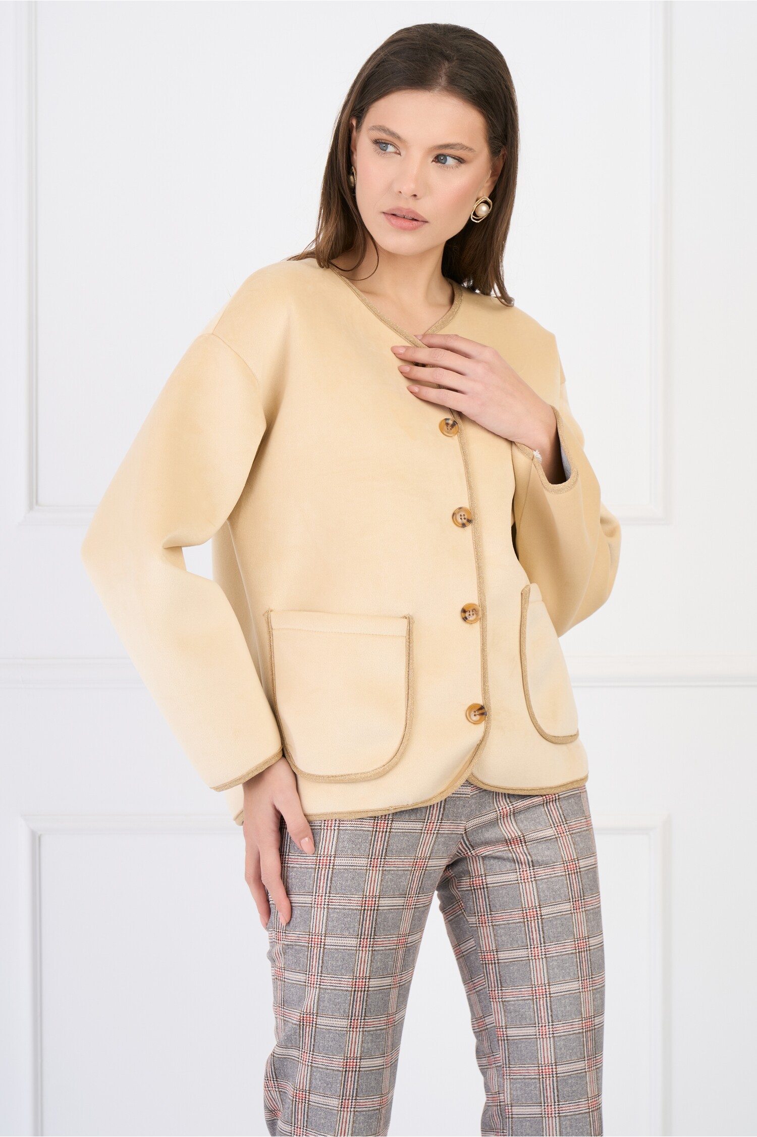 Cardigan Catifea Bej Eleg cu Lurex - Dama