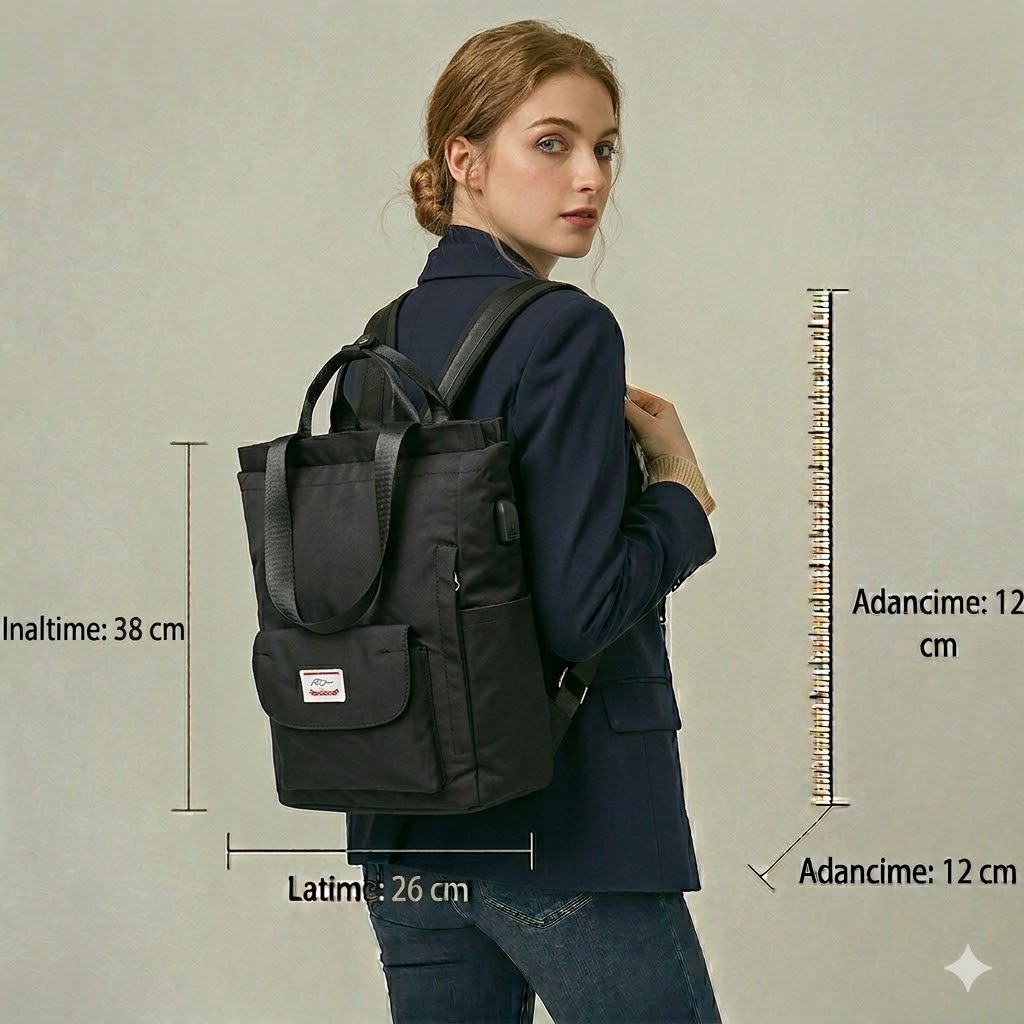 Rucsac Pfy Cazimira Negru Impermeabil cu USB - imagine 7
