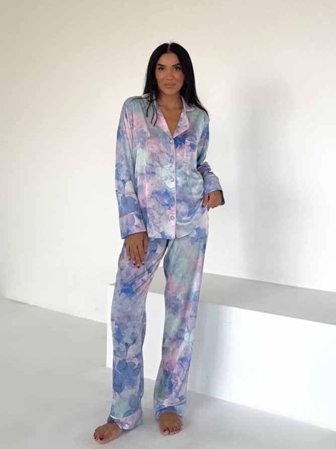 Set Pijama Dama Delis 2 Piese Albastru Floral - imagine 4