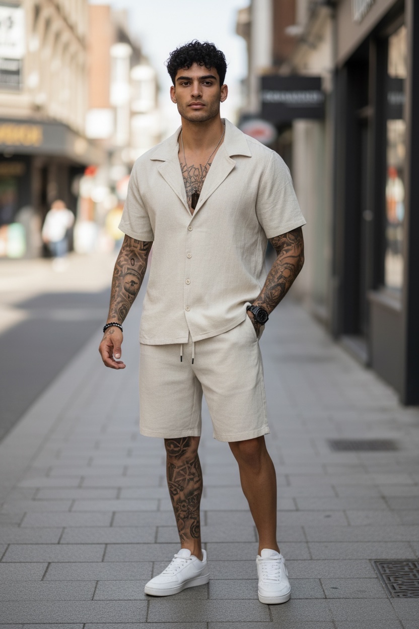 Compleu Vară Bumbac Bej Camasă + Pantaloni