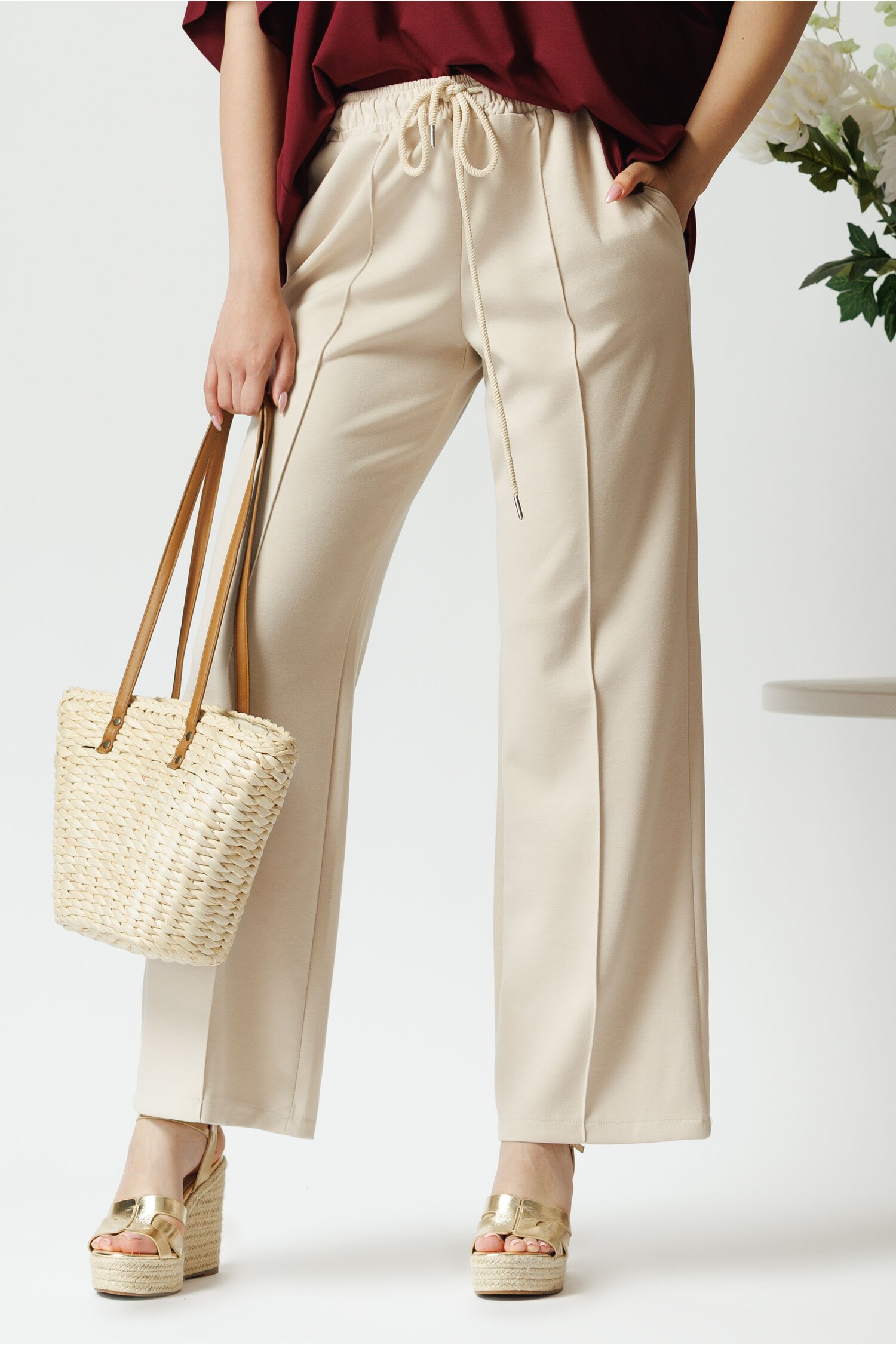 Pantaloni Viscoza Bej cu Elastic si Dunga - Casual