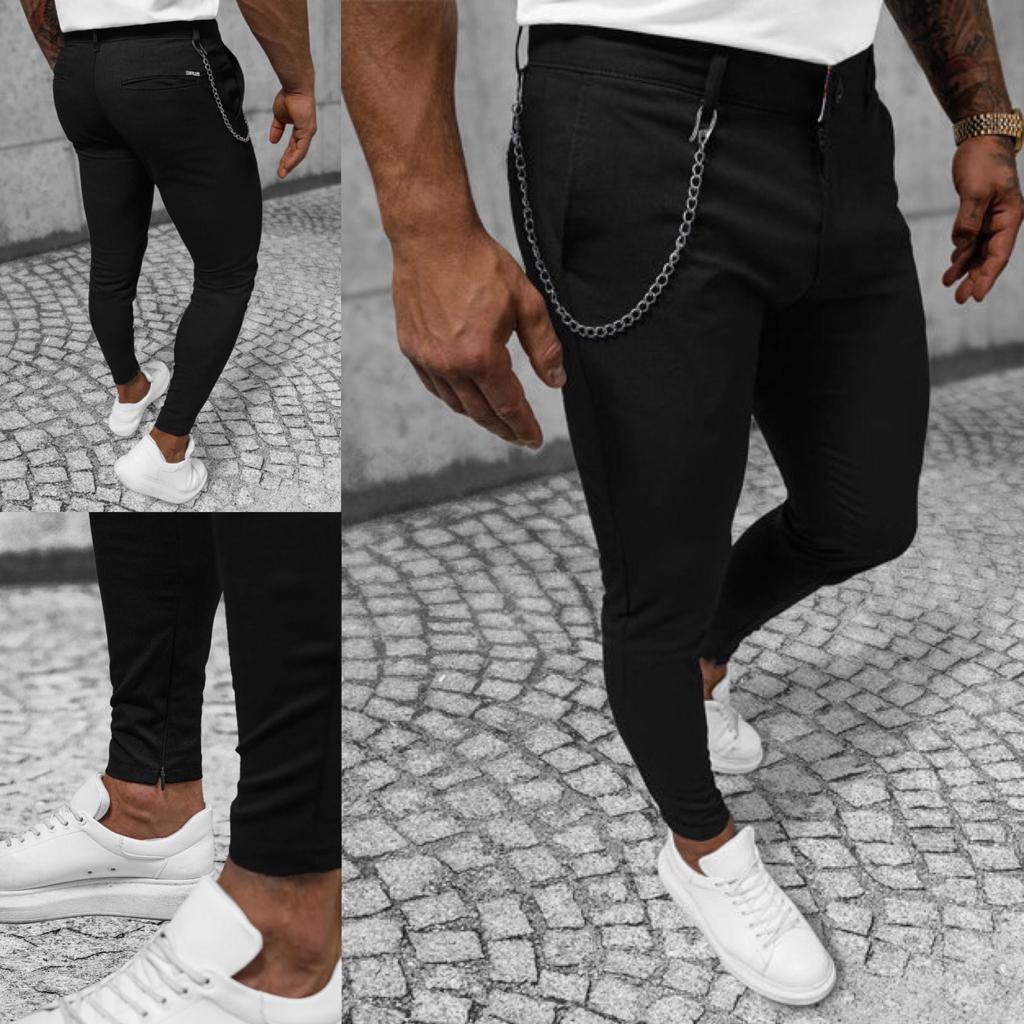 Pantaloni Barbati Casual Negri cu Lanț, Bumbac 100%