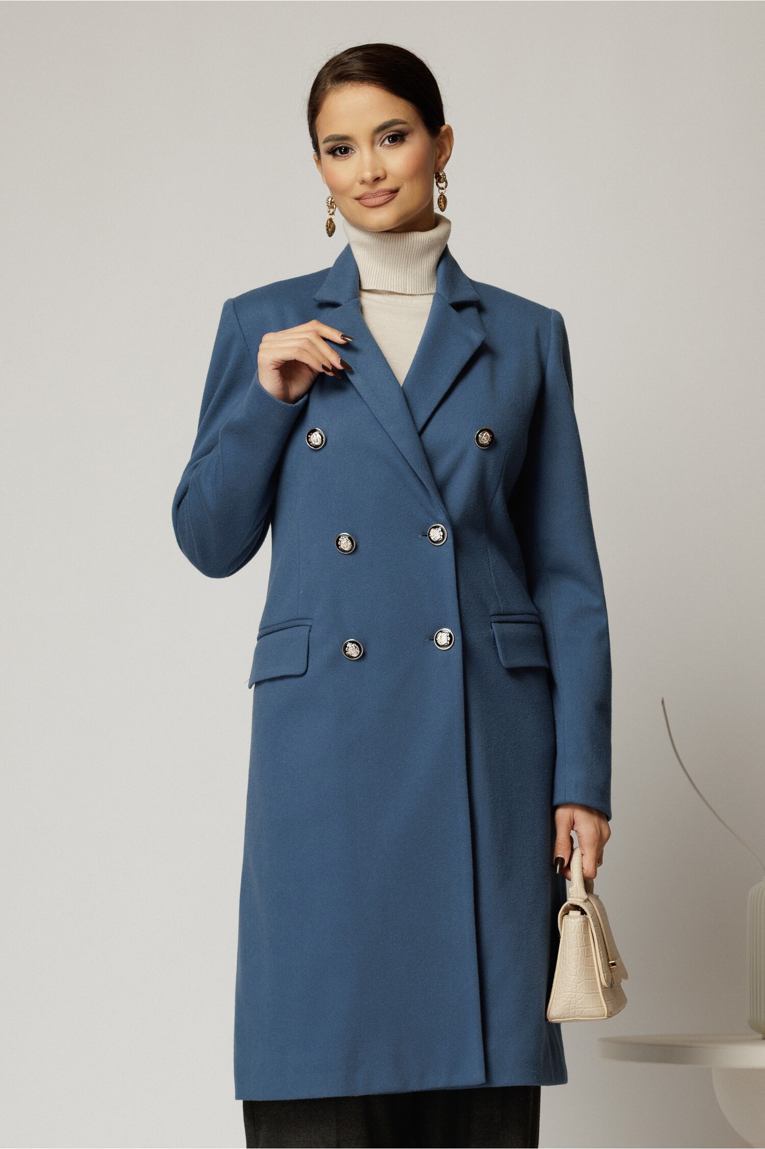 Palton Bleu Elegant din Stofă cu 2 Rânduri Nasturi