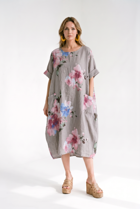 Rochie din in cu imprimeu floral si croi balon cu buzunare, bej inchis