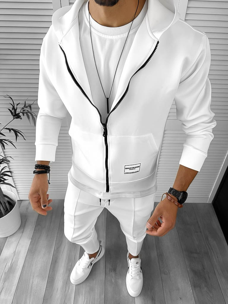 Trening Barbati Slim Fit Alb, Bumbac 100%