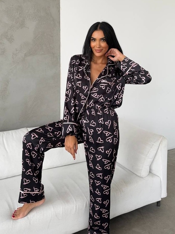 Set Pijama Delis Nasturi Satin Mat Negru - imagine 2