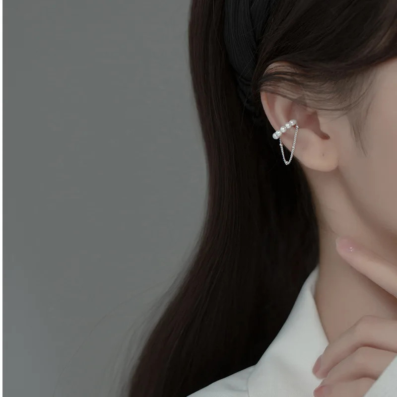 Cercei ear cuff argint 925 Amanda JW1076, perlute cu lant - imagine 2