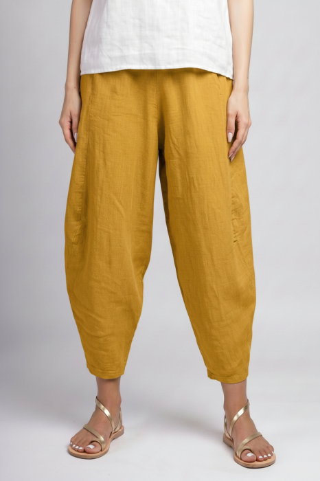 Pantaloni salvari din in cu croi lejer si volumetric, galben mustar