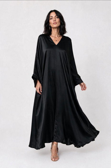Rochie lunga tip caftan din satin cu matase si vascoza - neagra