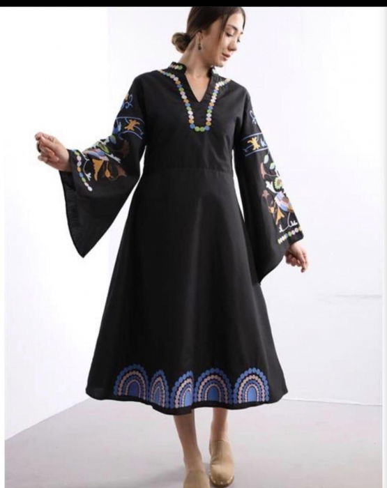 Rochie Neagra Bumbac cu Broderie | Shopika