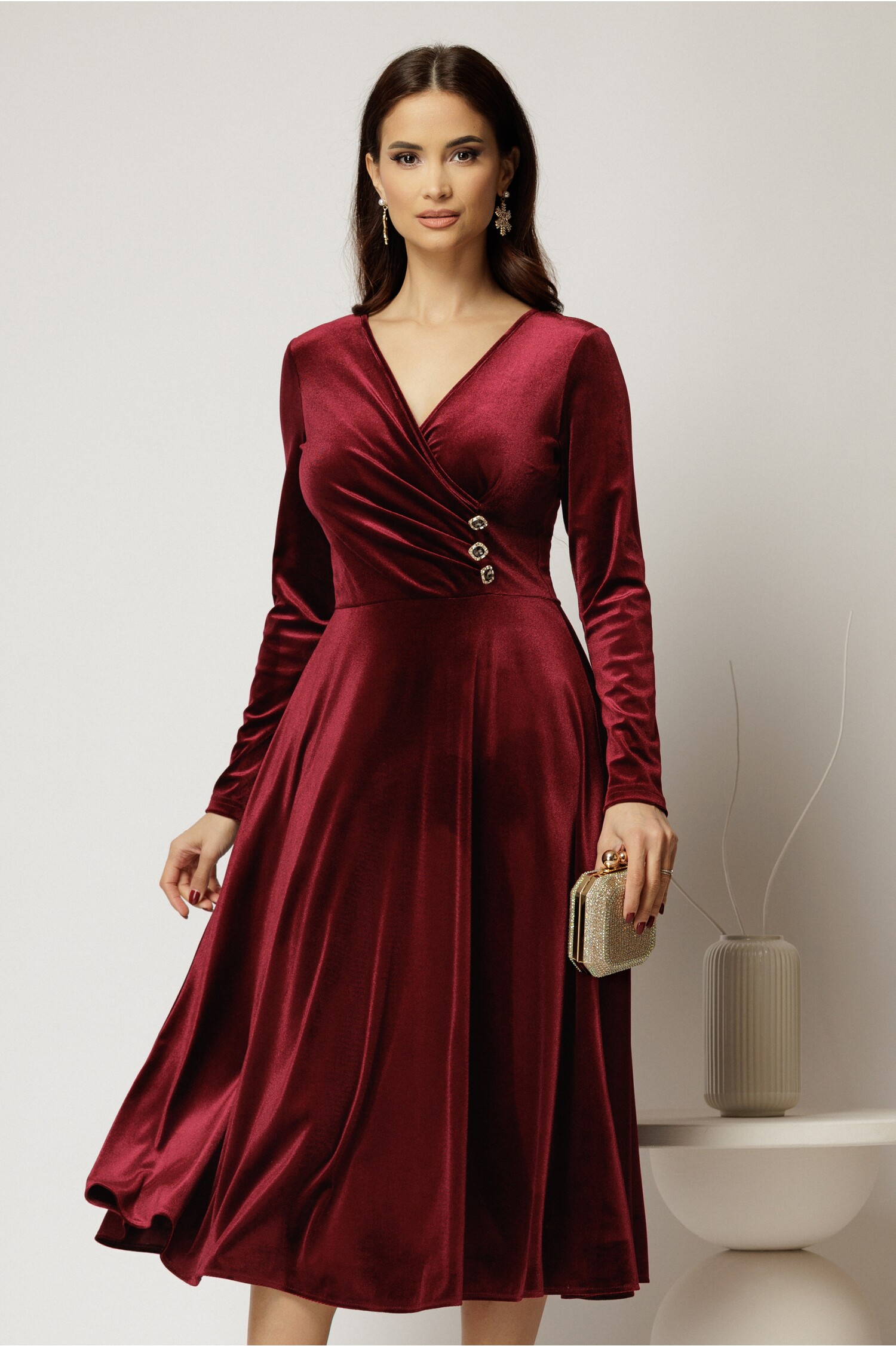 Rochie Catifea Bordo cu Bust Petrecut | Eleganta