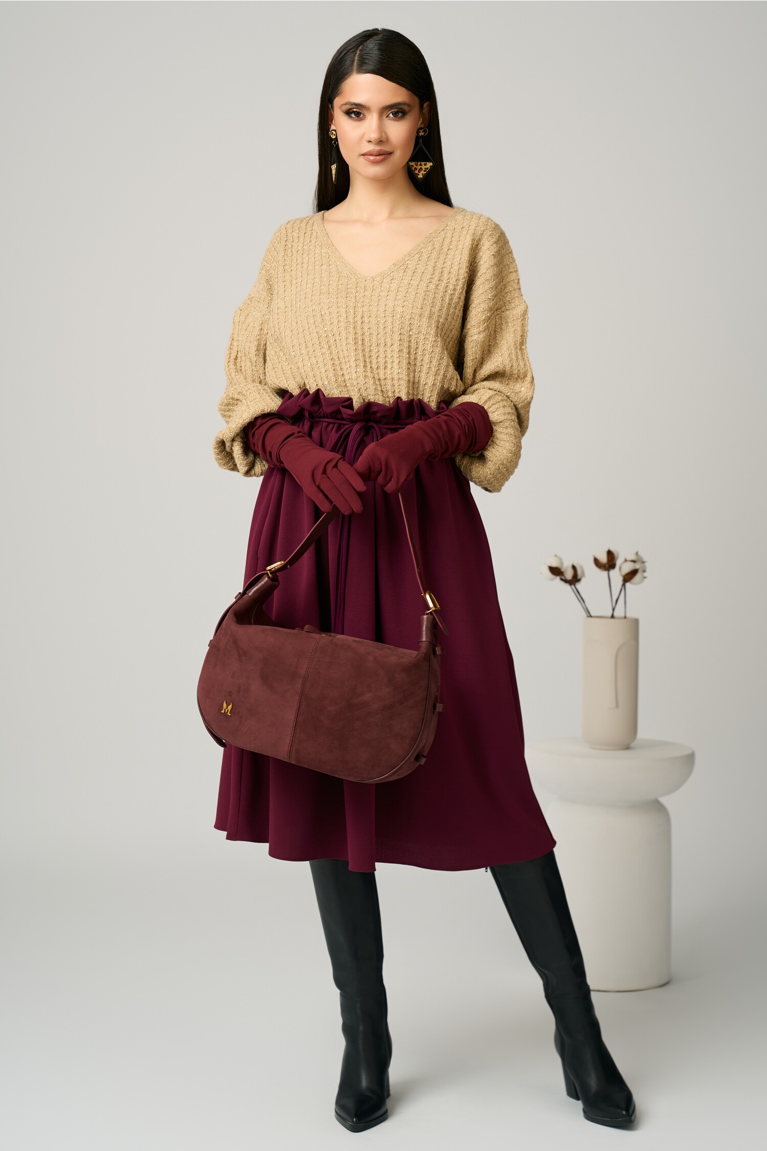 Bluza Casual Bej cu Paiete și Fir Lurex