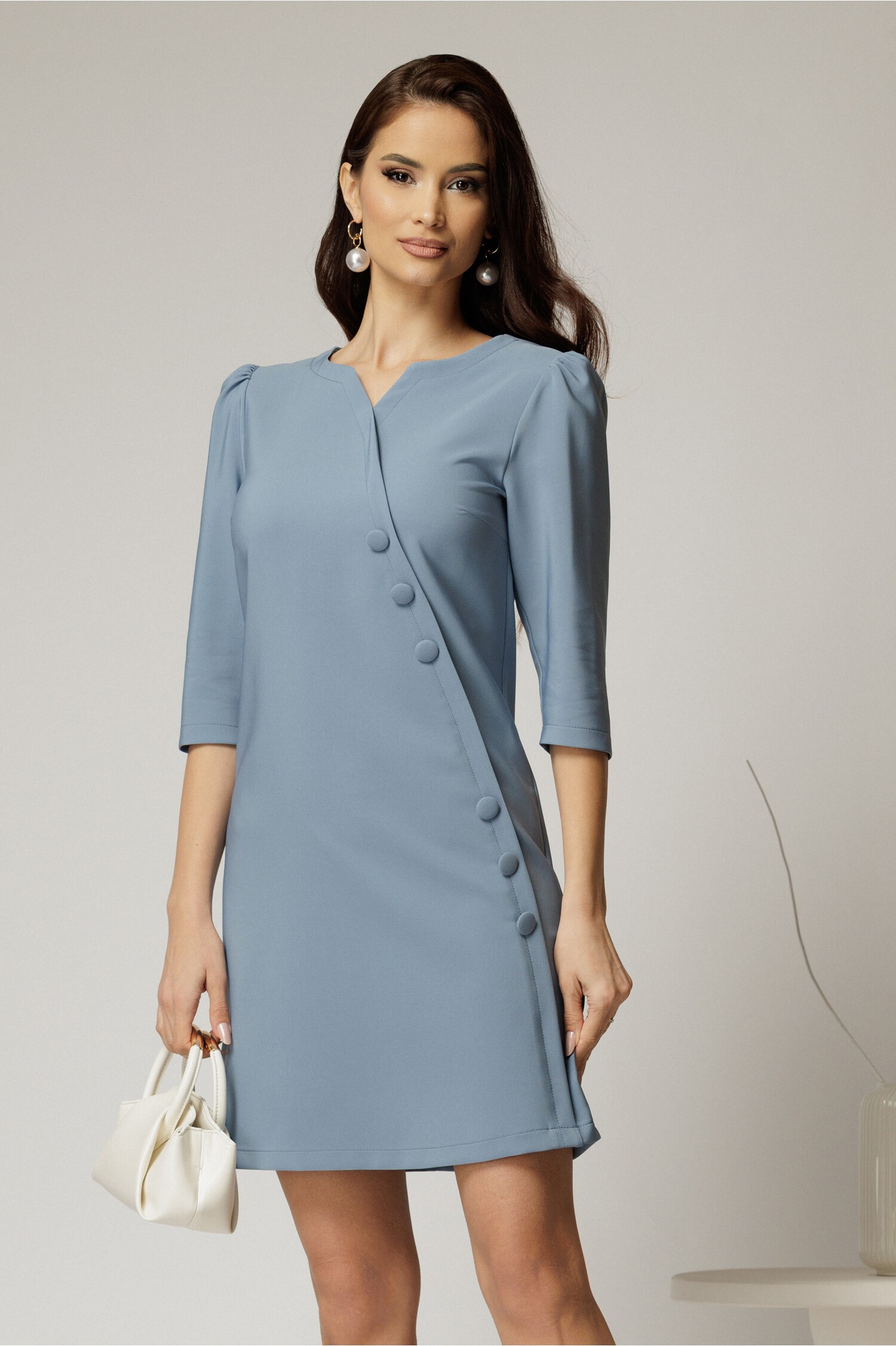 Rochie Scurtă Bleu Cămbrată cu Nasturi