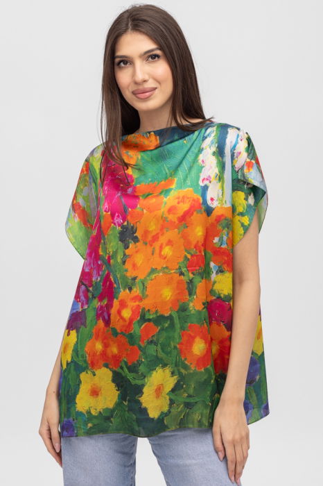 Bluza Poncho Matase Flori Rosii | Shopika