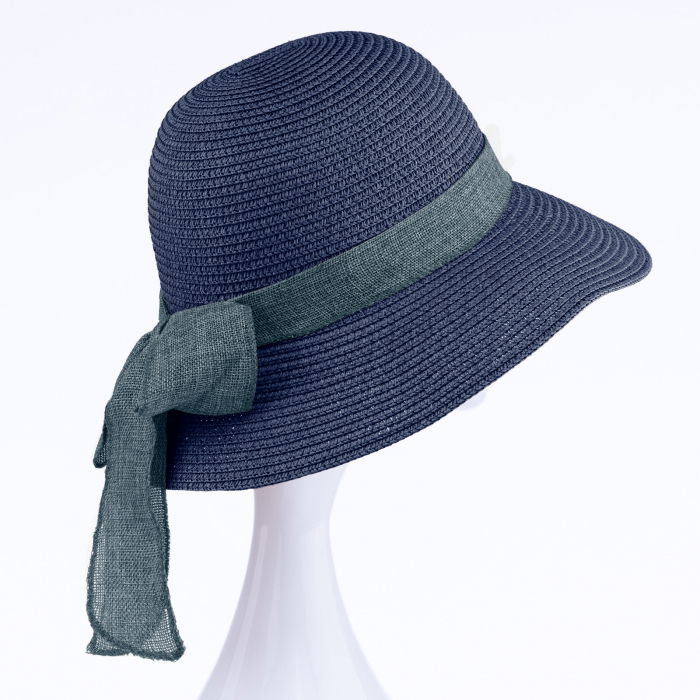 Pălărie Paie Shopika cu Fundă Bleumarin - Eleganță