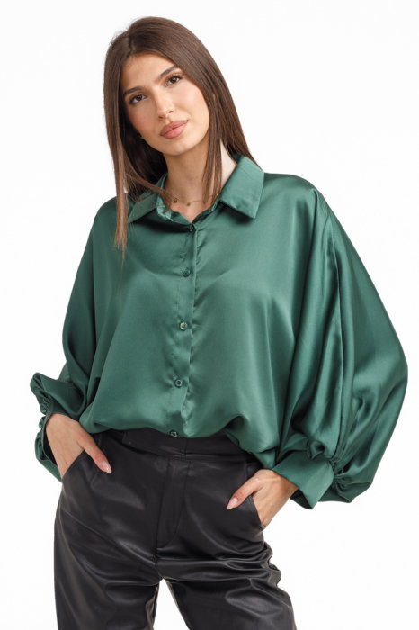 Cămașă Satin Verde Forest | Maneci Bufante Shopika