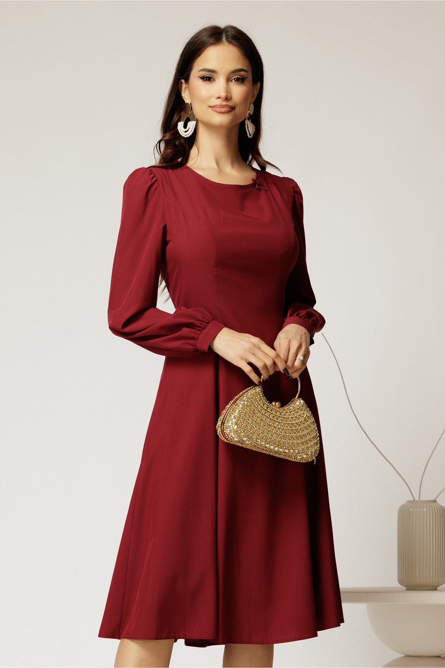 Rochie Bordo Elegantă Voal În Clini | Ocazie Specială